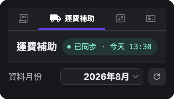 側邊欄的運費補助分頁:工具分頁列、標題右邊的已同步膠囊、資料月份選單與重整鈕